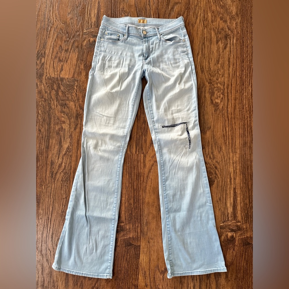 MOTHER The Cruiser Denim Skylark Light Wash Distressed Flare Jeans 28